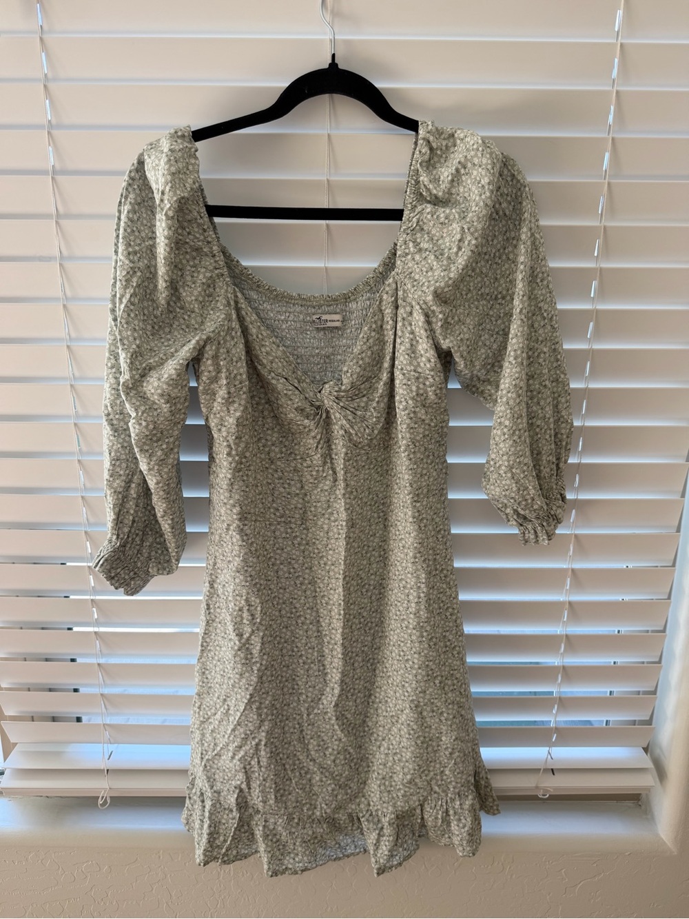 Hollister Sage Green Floral Midi Dress with Puff Sleeves